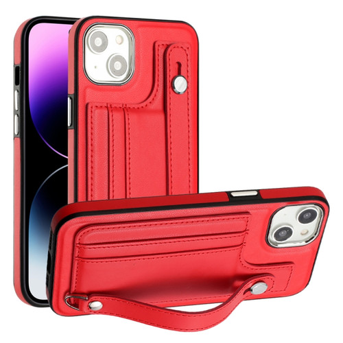 iPhone 15 Shockproof Leather Phone Case with Wrist Strap - Red