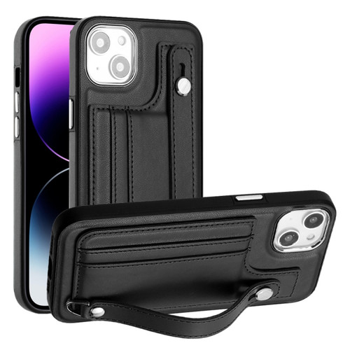 iPhone 15 Shockproof Leather Phone Case with Wrist Strap - Black