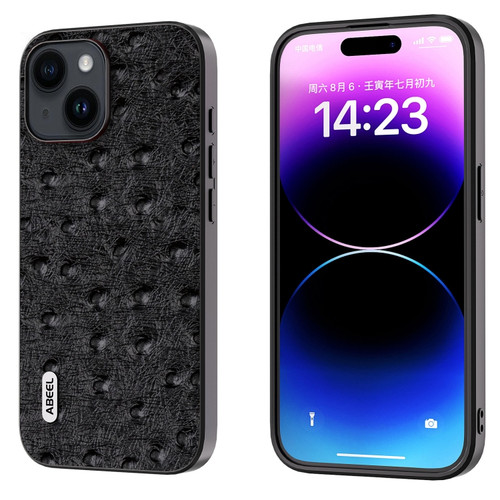 iPhone 15 ABEEL Genuine Leather Ostrich Texture Phone Case - Black