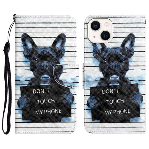 iPhone 15 Colored Drawing Leather Phone Case - Black Dog