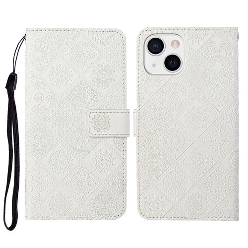 iPhone 15 Ethnic Style Embossed Pattern Leather Phone Case - White