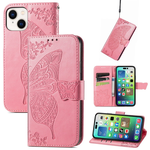 iPhone 15 Butterfly Love Flower Embossed Leather Phone Case - Pink