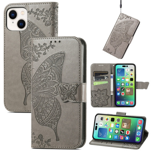 iPhone 15 Butterfly Love Flower Embossed Leather Phone Case - Gray