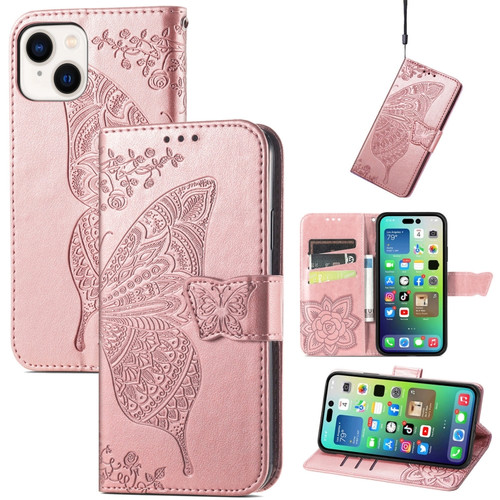 iPhone 15 Butterfly Love Flower Embossed Leather Phone Case - Rose Gold