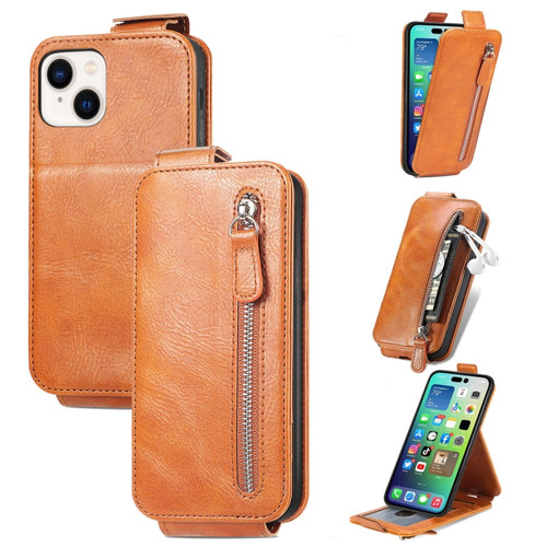 iPhone 15 Zipper Wallet Vertical Flip Leather Phone Case - Brown