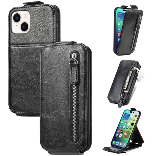 iPhone 15 Zipper Wallet Vertical Flip Leather Phone Case - Black