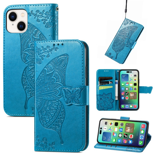 iPhone 15 Butterfly Love Flower Embossed Leather Phone Case - Blue
