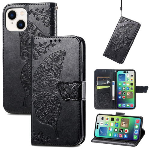 iPhone 15 Butterfly Love Flower Embossed Leather Phone Case - Black