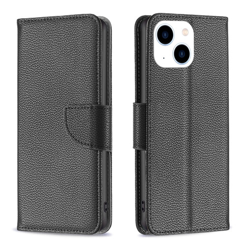 iPhone 15 Litchi Texture Pure Color Flip Leather Phone Case - Black