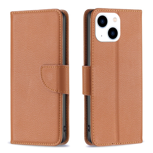 iPhone 15 Litchi Texture Pure Color Flip Leather Phone Case - Brown