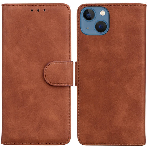 iPhone 15 Skin Feel Pure Color Flip Leather Phone Case - Brown