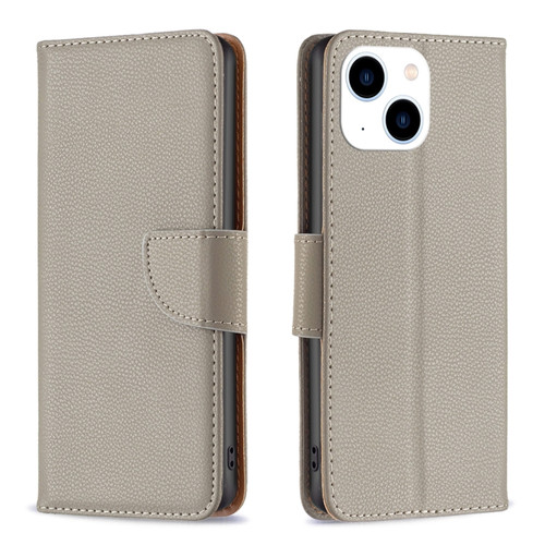 iPhone 15 Litchi Texture Pure Color Flip Leather Phone Case - Grey