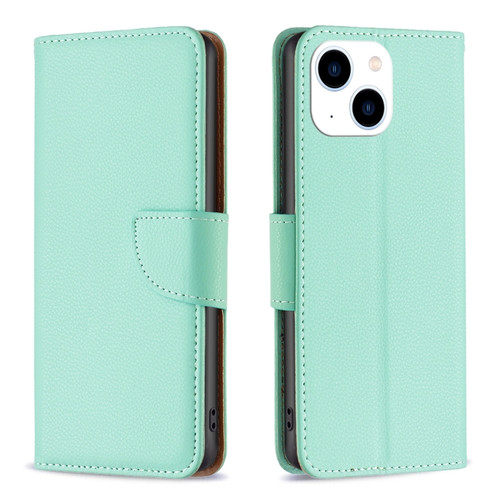 iPhone 15 Litchi Texture Pure Color Flip Leather Phone Case - Green