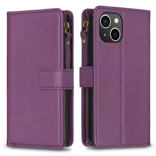 iPhone 15 9 Card Slots Zipper Wallet Leather Flip Phone Case - Dark Purple