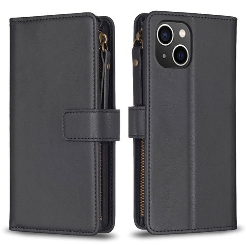 iPhone 15 9 Card Slots Zipper Wallet Leather Flip Phone Case - Black