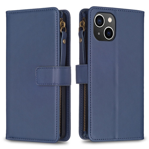 iPhone 15 9 Card Slots Zipper Wallet Leather Flip Phone Case - Blue