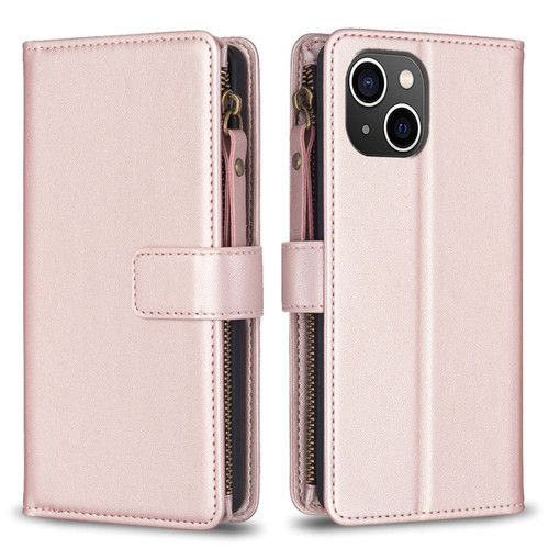 iPhone 15 9 Card Slots Zipper Wallet Leather Flip Phone Case - Rose Gold