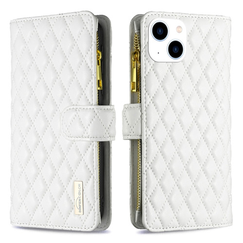 iPhone 15 Diamond Lattice Zipper Wallet Leather Flip Phone Case - White