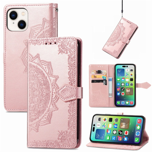 iPhone 15 Mandala Flower Embossed Leather Phone Case - Rose Gold