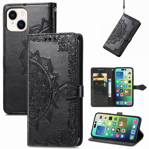 iPhone 15 Mandala Flower Embossed Leather Phone Case - Black