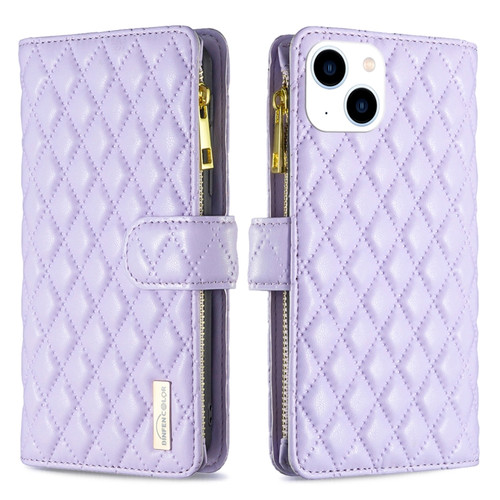 iPhone 15 Diamond Lattice Zipper Wallet Leather Flip Phone Case - Purple