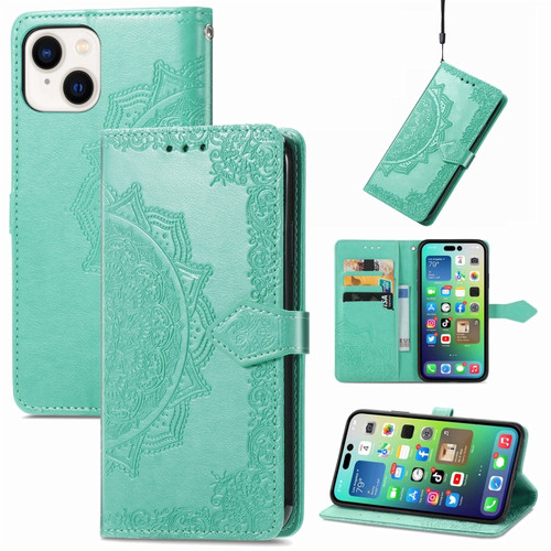 iPhone 15 Mandala Flower Embossed Leather Phone Case - Green