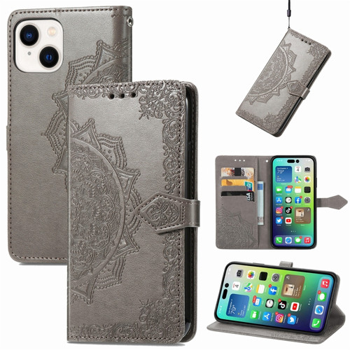 iPhone 15 Mandala Flower Embossed Leather Phone Case - Gray