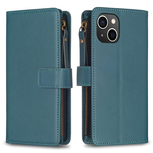 iPhone 15 9 Card Slots Zipper Wallet Leather Flip Phone Case - Green