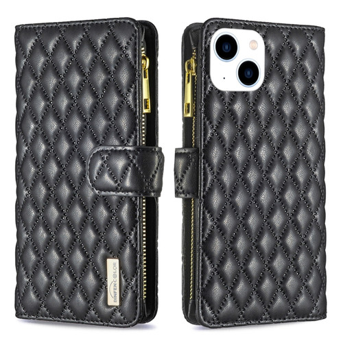 iPhone 15 Diamond Lattice Zipper Wallet Leather Flip Phone Case - Black