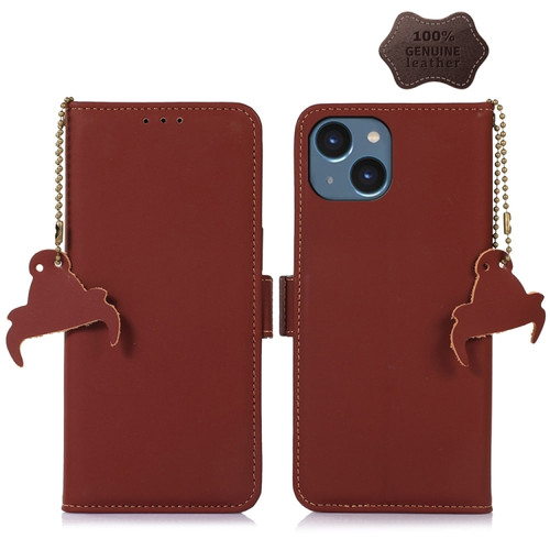 iPhone 15 Genuine Leather Magnetic RFID Leather Phone Case - Coffee