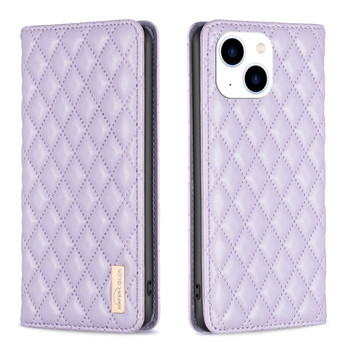 iPhone 15 Diamond Lattice Magnetic Leather Flip Phone Case - Purple