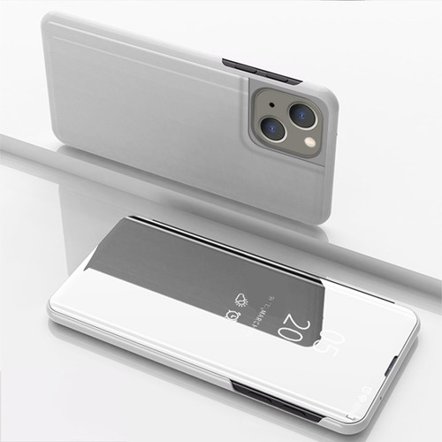 iPhone 15 Plated Mirror Horizontal Flip Leather Phone Case with Holder - Silver
