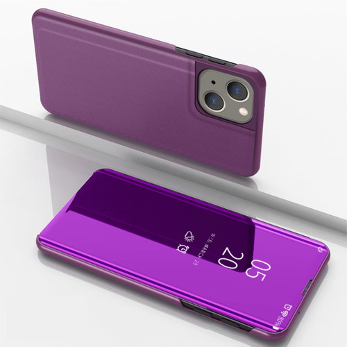 iPhone 15 Plated Mirror Horizontal Flip Leather Phone Case with Holder - Purple