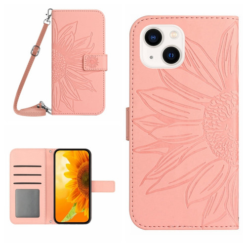 iPhone 15 Skin Feel Sun Flower Embossed Flip Leather Phone Case with Lanyard - Pink