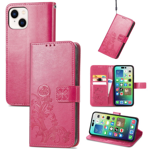 iPhone 15 Four-leaf Clasp Embossed Buckle Leather Phone Case - Magengta