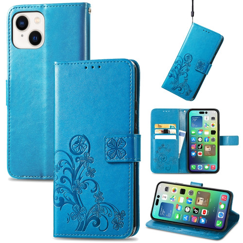 iPhone 15 Four-leaf Clasp Embossed Buckle Leather Phone Case - Blue
