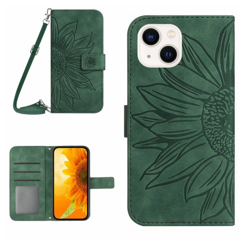 iPhone 15 Skin Feel Sun Flower Embossed Flip Leather Phone Case with Lanyard - Green