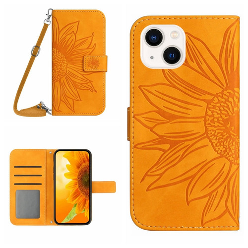 iPhone 15 Skin Feel Sun Flower Embossed Flip Leather Phone Case with Lanyard - Yellow