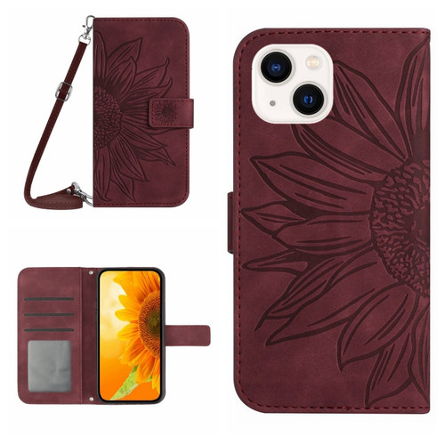 iPhone 15 Skin Feel Sun Flower Embossed Flip Leather Phone Case with Lanyard - Wine Red