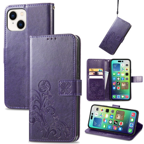 iPhone 15 Four-leaf Clasp Embossed Buckle Leather Phone Case - Purple
