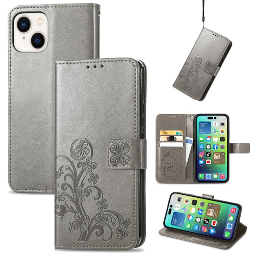 iPhone 15 Four-leaf Clasp Embossed Buckle Leather Phone Case - Gray