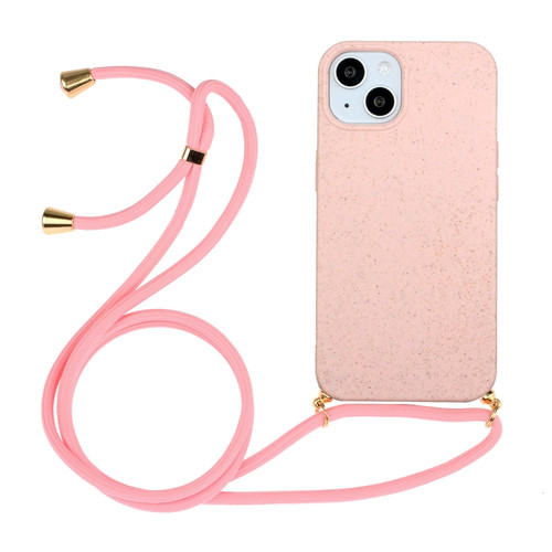 iPhone 15 Wheat Straw Material + TPU Phone Case with Lanyard - Pink