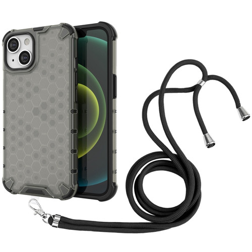 iPhone 15 Lanyard Honeycomb Phone Case - Black