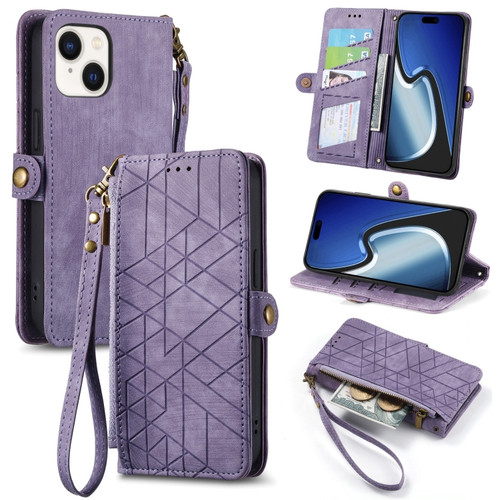iPhone 15 Geometric Zipper Wallet Side Buckle Leather Phone Case - Purple