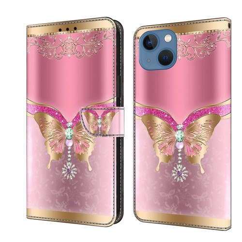 iPhone 15 Crystal 3D Shockproof Protective Leather Phone Case - Pink Bottom Butterfly