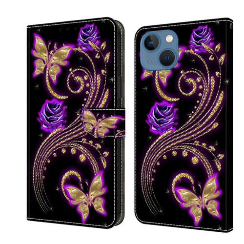 iPhone 15 Crystal 3D Shockproof Protective Leather Phone Case - Purple Flower Butterfly