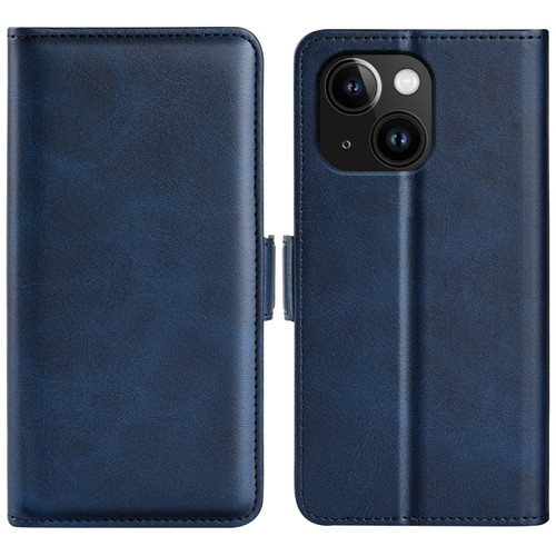 iPhone 15 Dual-side Magnetic Buckle Horizontal Flip Leather Phone Case - Dark Blue