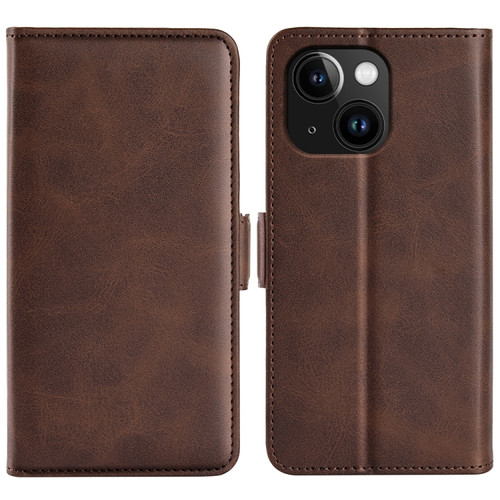iPhone 15 Dual-side Magnetic Buckle Horizontal Flip Leather Phone Case - Brown