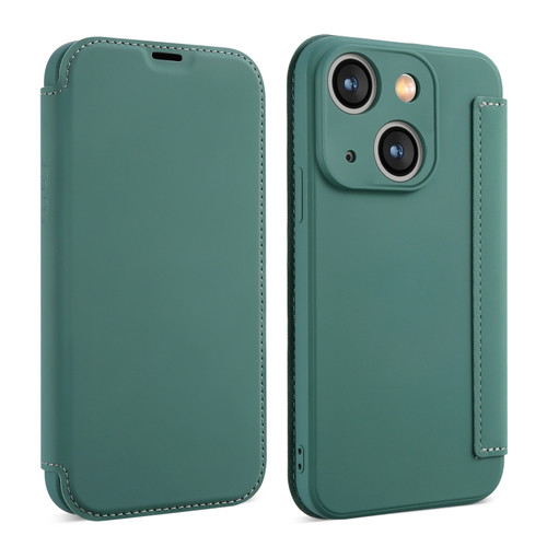 iPhone 15 Imitate Liquid Skin Feel Leather Phone Case with Card Slots - Green