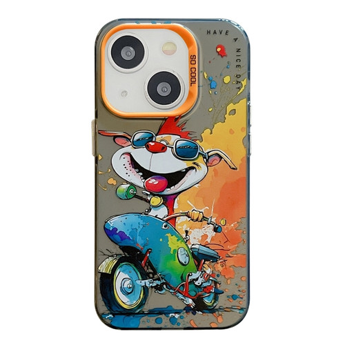 iPhone 15 Animal Pattern Oil Painting Series PC + TPU Phone Case - Motorcycle Dog